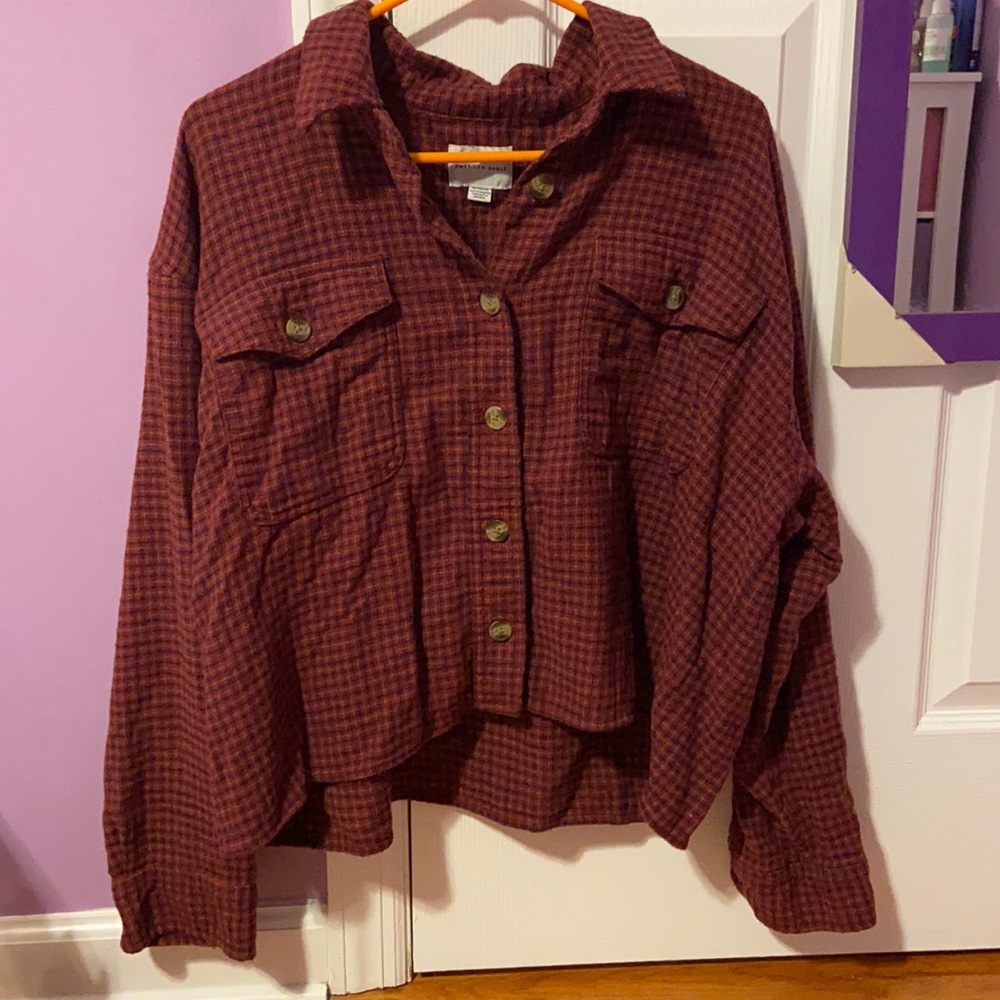 Red and Dark Blue Cropped Flannel